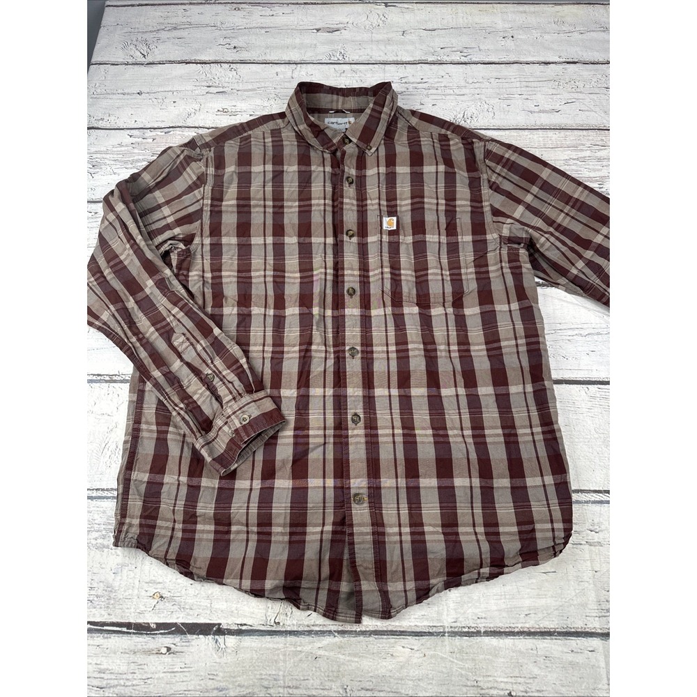 Carhartt Men's Relaxed Fit Long Sleeve Maroon Brown Plaid Button Down Shirt Sz L